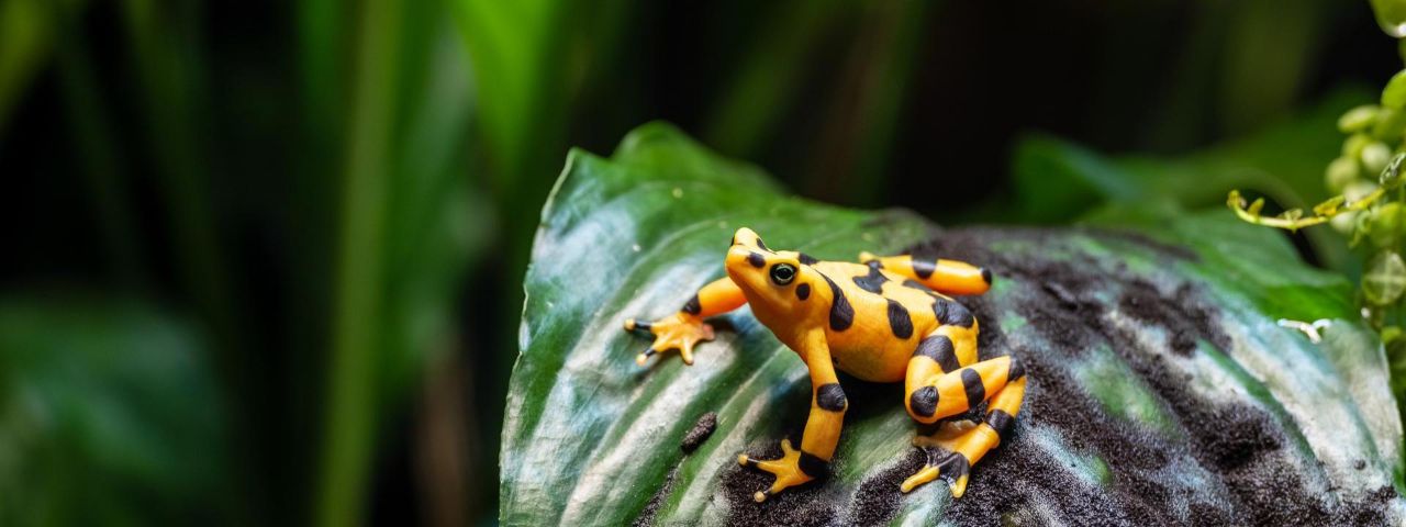 yellow frog with black spots on a green leaf