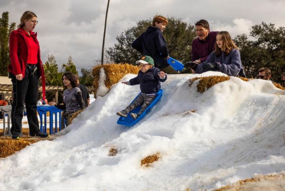 child on sled with adults looking on